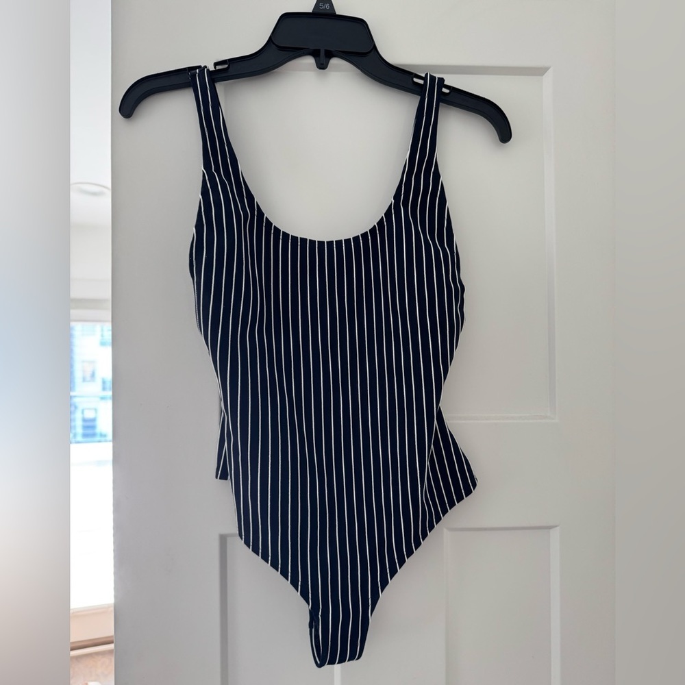 Revolve LPA Blue and White Striped Scoopneck Tank Bodysuit, Size Small